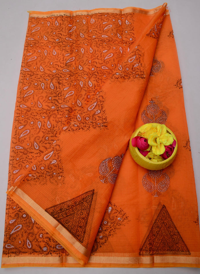Hand Block Printed Kota Doria Saree - Orange Color
