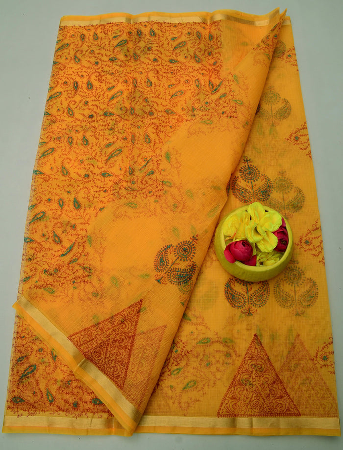 Hand Block Printed Kota Doria Saree - Yellow Color
