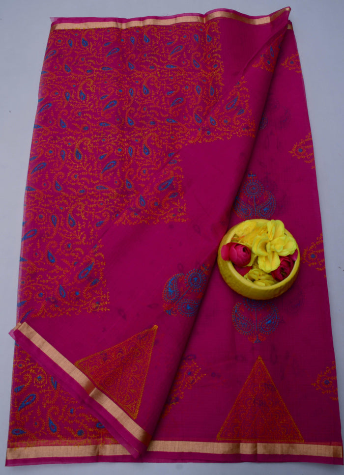 Hand Block Printed Kota Doria Saree - Wine Color