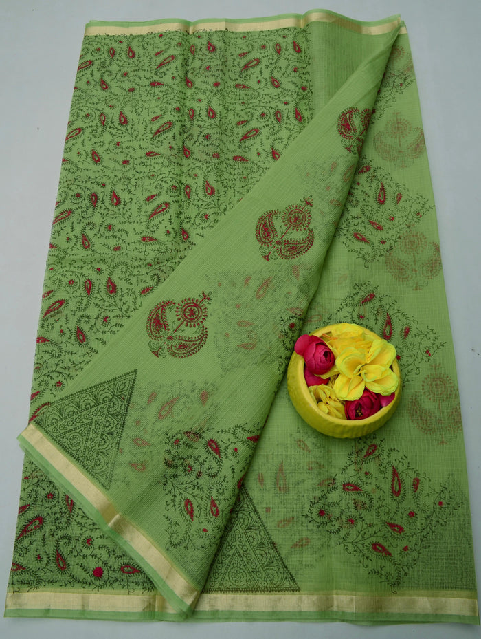 Hand Block Printed Kota Doria Saree - Green Color