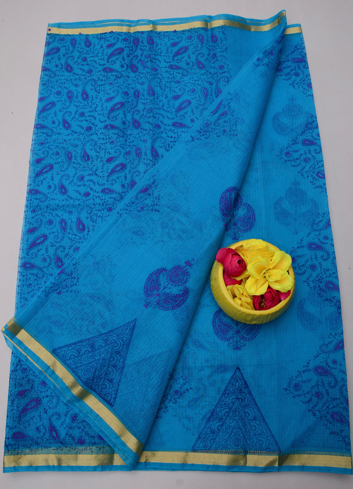 Hand Block Printed Kota Doria Saree - Blue Color
