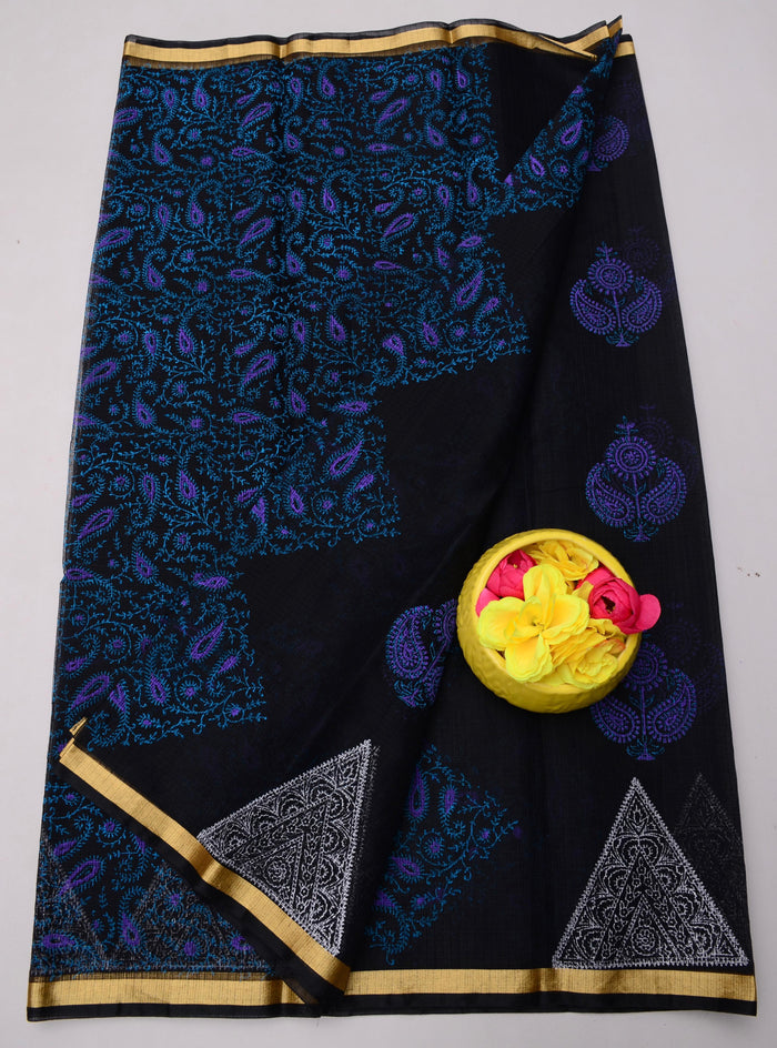 Hand Block Printed Kota Doria Saree - Navy Blue Color