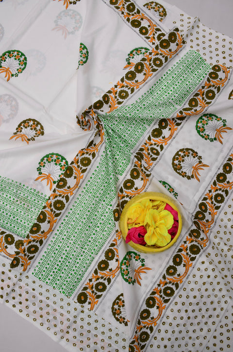 MulMul Pure Cotton Hand Block Printed Saree - Green Color