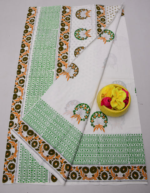 MulMul Pure Cotton Hand Block Printed Saree - Green Color