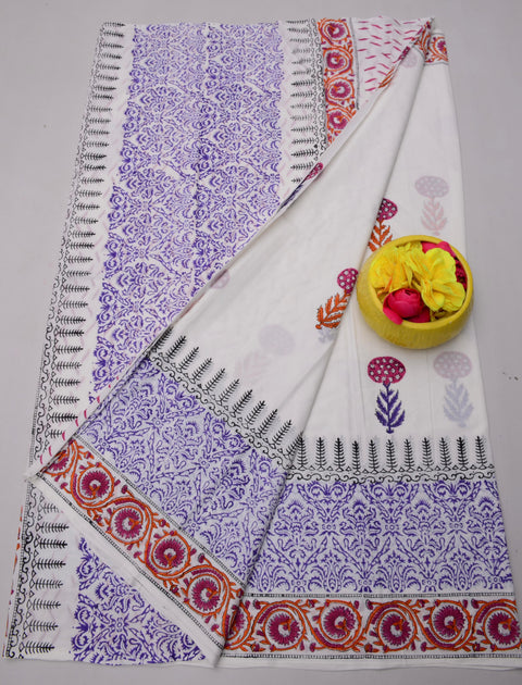 MulMul Pure Cotton Hand Block Printed Saree - Lavender Color