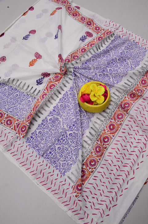 MulMul Pure Cotton Hand Block Printed Saree - Lavender Color