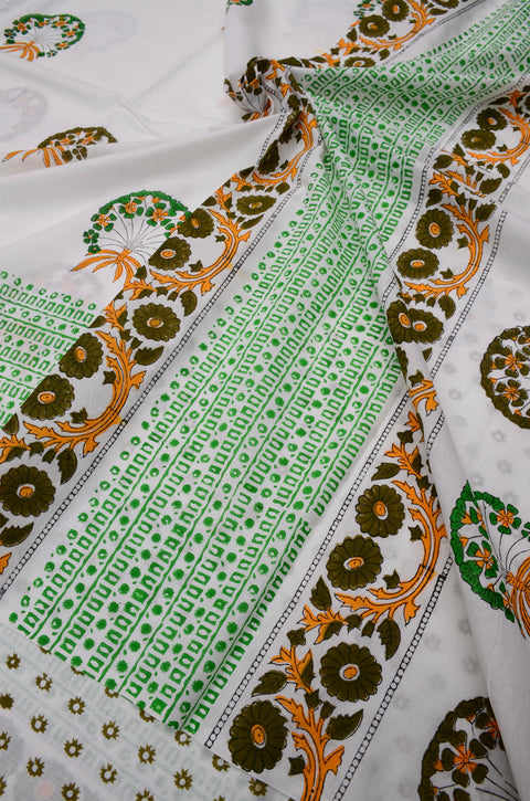 MulMul Pure Cotton Hand Block Printed Saree - Green Color