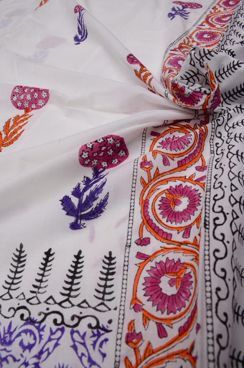 MulMul Pure Cotton Hand Block Printed Saree - Lavender Color