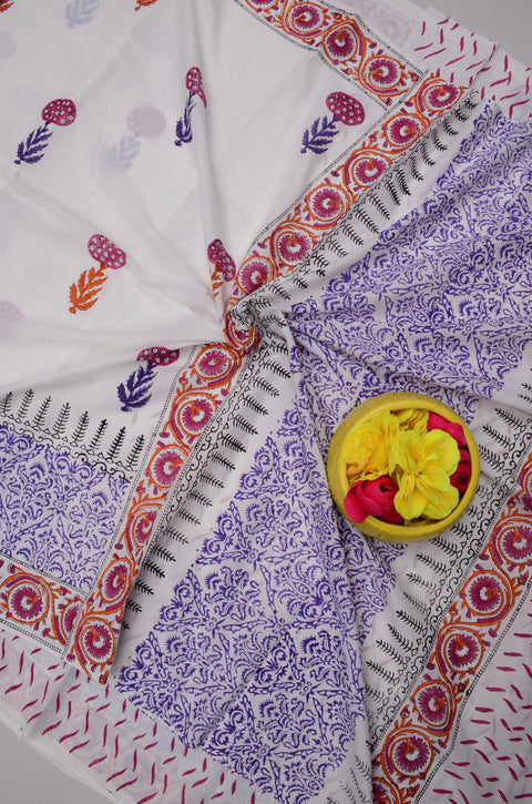 MulMul Pure Cotton Hand Block Printed Saree - Lavender Color