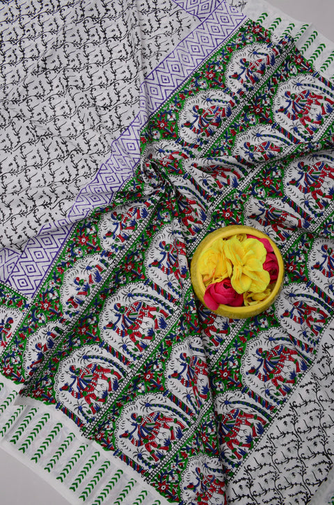 MulMul Pure Cotton Hand Block Printed Saree - White Color