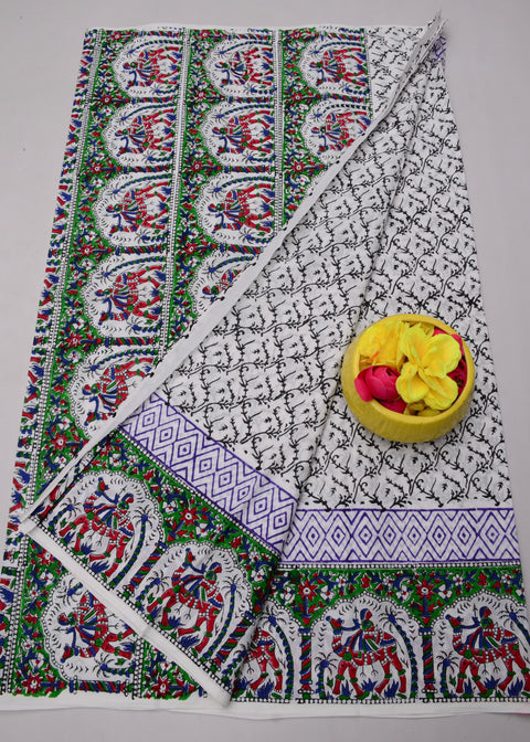 MulMul Pure Cotton Hand Block Printed Saree - White Color