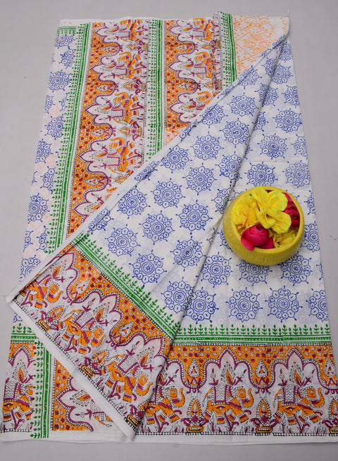 MulMul Pure Cotton Hand Block Printed Saree - Orange Colour