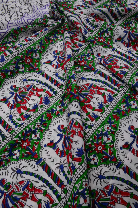 MulMul Pure Cotton Hand Block Printed Saree - White Color