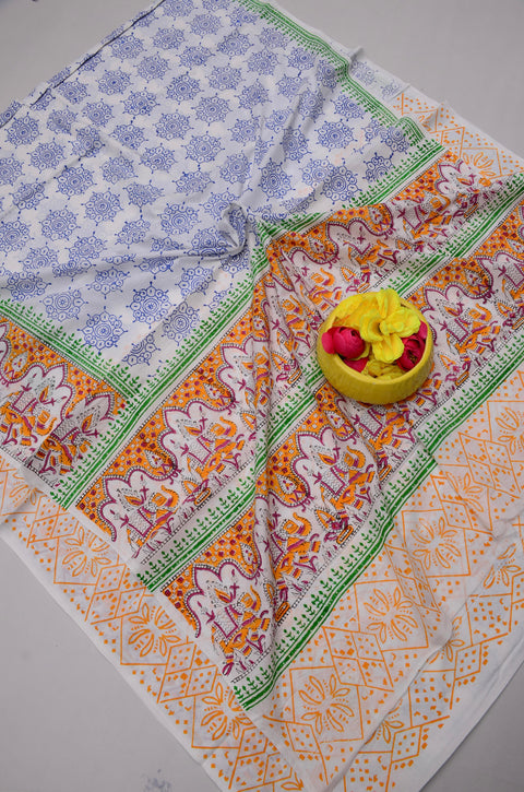 MulMul Pure Cotton Hand Block Printed Saree - Orange Colour