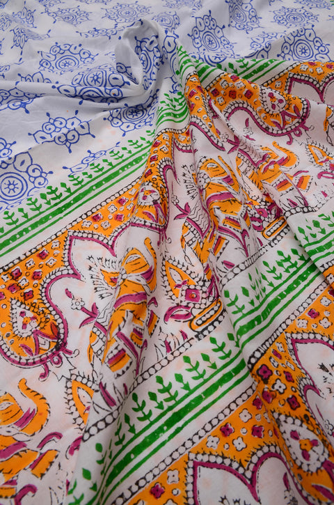MulMul Pure Cotton Hand Block Printed Saree - Orange Colour