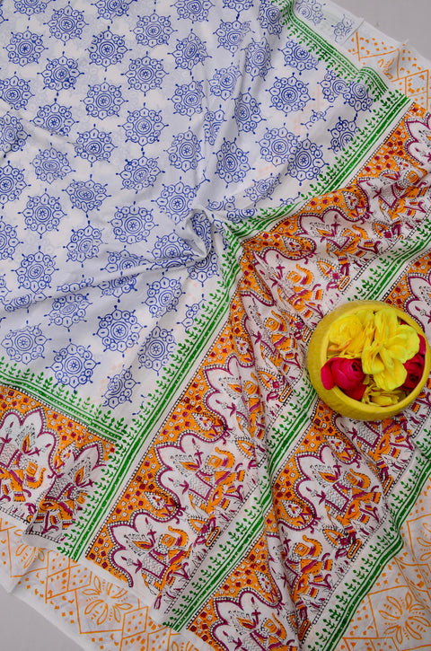 MulMul Pure Cotton Hand Block Printed Saree - Orange Colour