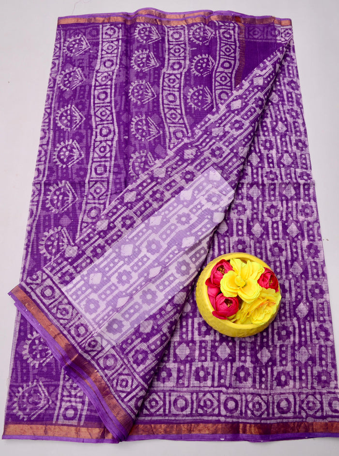 Kota Doria Pure Cotton Wax Batik Printed Saree  - Purple Color