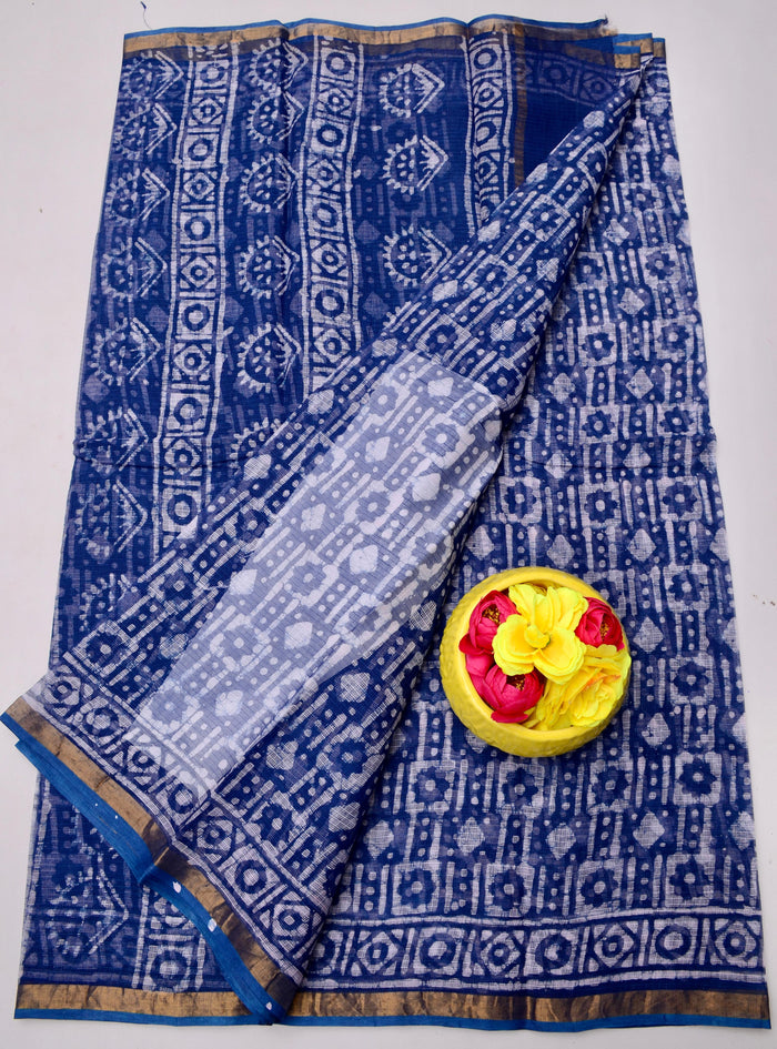 Kota Doria Pure Cotton Wax Batik Printed Saree  - Navy Blue Color