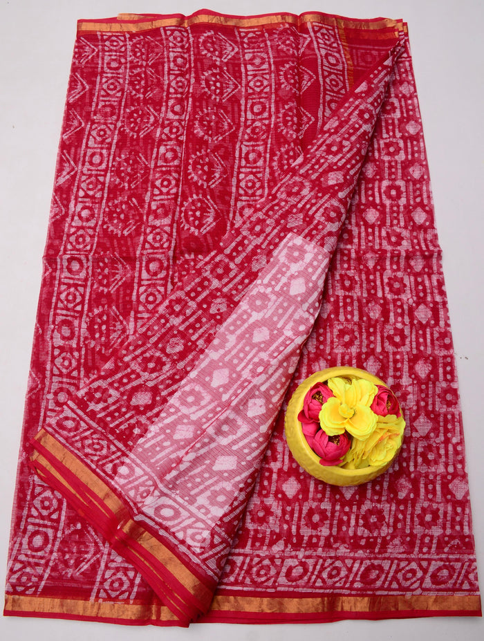 Kota Doria Pure Cotton Wax Batik Printed Saree  - Red Color