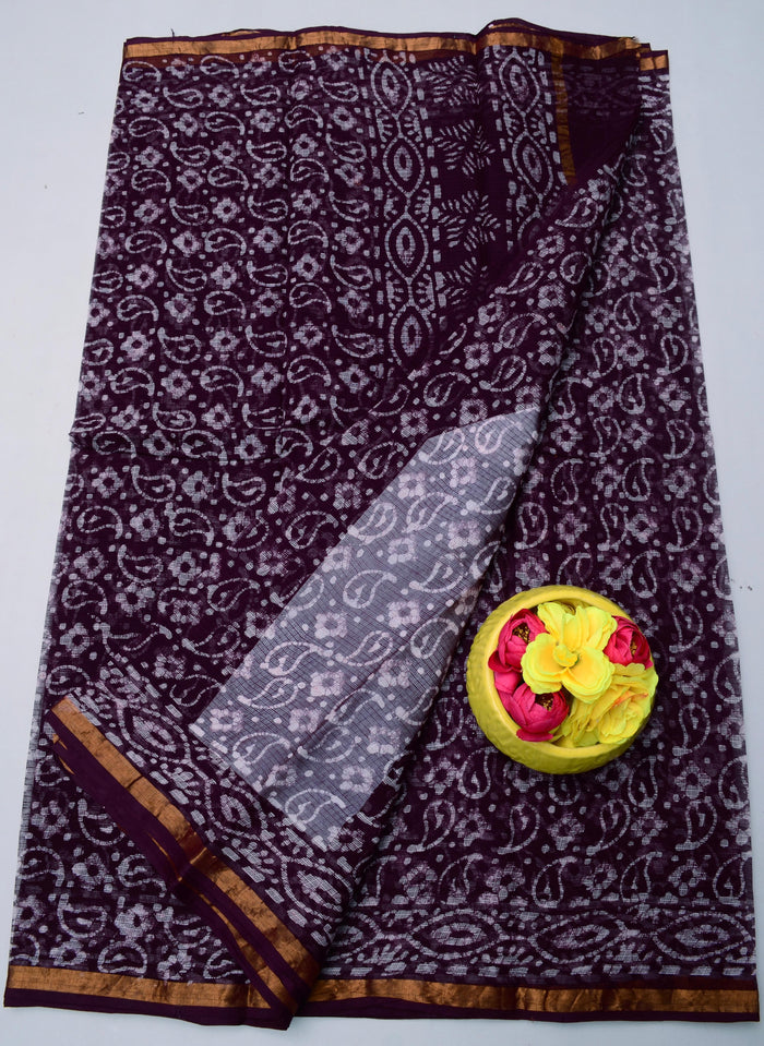 Pure Cotton Kota Doria Wax Batik Printed Saree  - Black Color