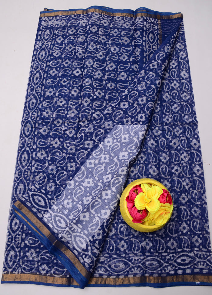 Pure Cotton Kota Doria Wax Batik Printed Saree  - Navy Blue Color