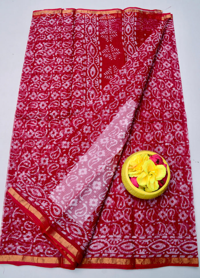 Pure Cotton Kota Doria Wax Batik Printed Saree  - Red Color