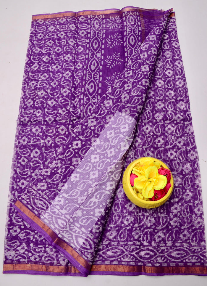 Pure Cotton Kota Doria Wax Batik Printed Saree  - Purple Color