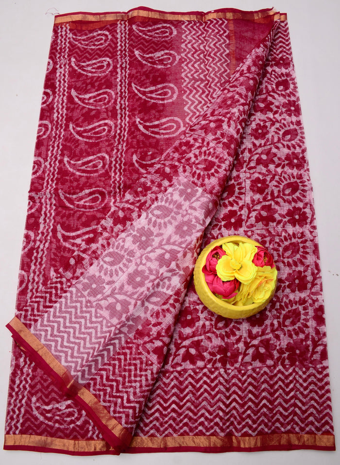 Wax Batik Printed Kota Doria Pure Cotton Saree  - Red Color