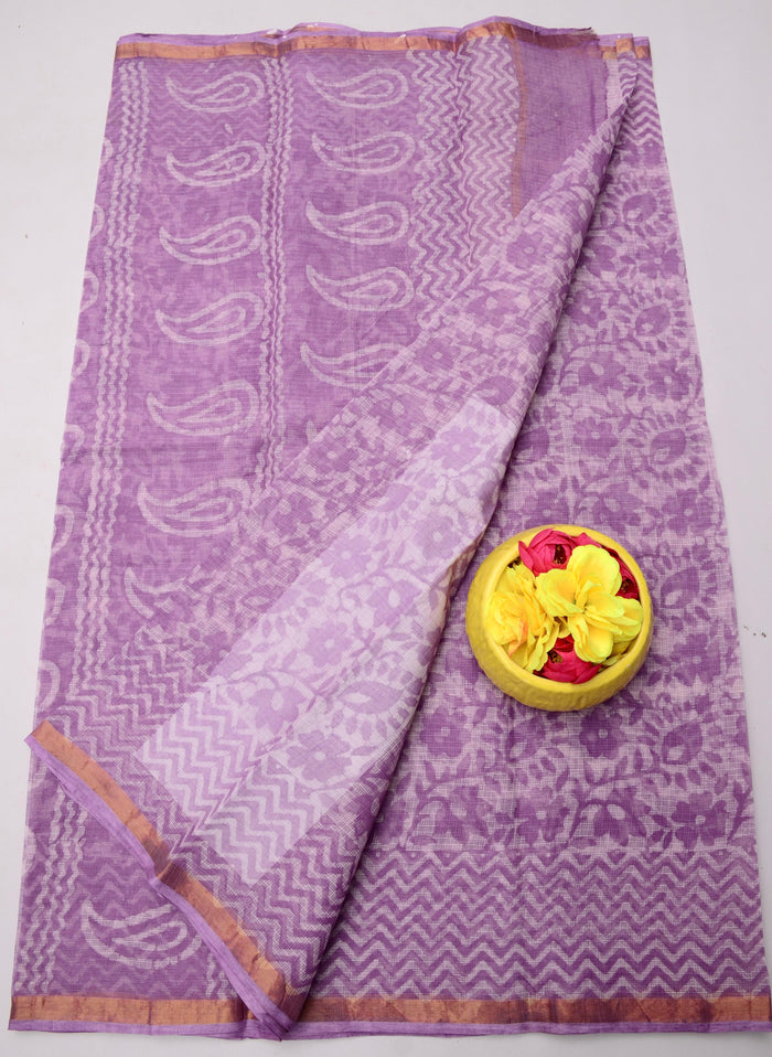 Wax Batik Printed Kota Doria Pure Cotton Saree  - Lavender Color