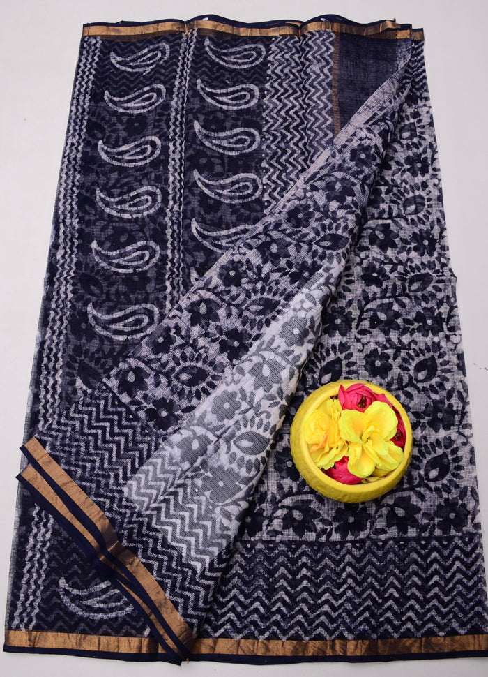 Wax Batik Printed Kota Doria Pure Cotton Saree  - Black Color