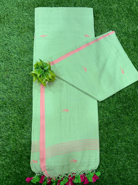 Pure Cotton Jamdani Saree with Running Blouse - Sea Green Color