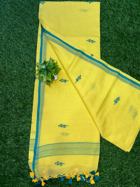 Pure Cotton Jamdani Saree with Running Blouse - Yellow Color
