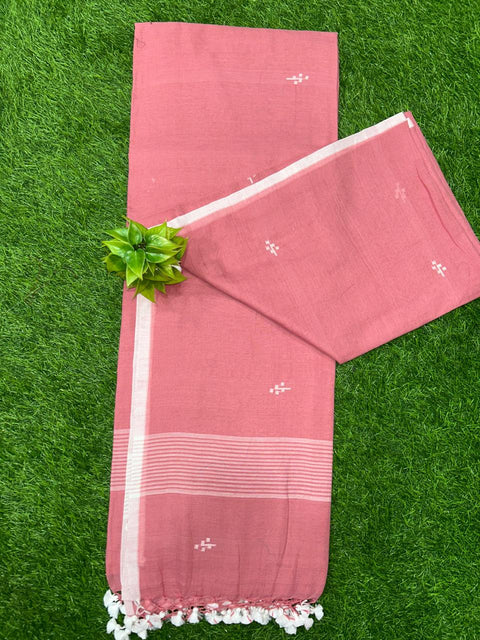 Pure Cotton Jamdani Saree with Running Blouse - Pink Color