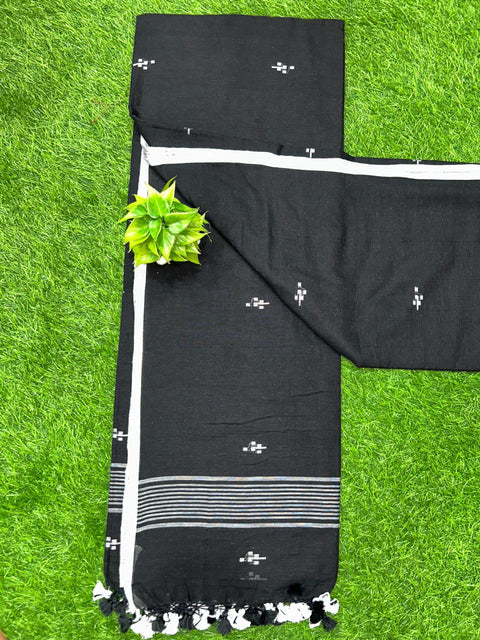 Pure Cotton Jamdani Saree with Running Blouse - Black Color