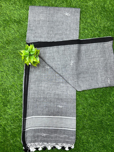 Pure Cotton Jamdani Saree with Running Blouse - Grey Color