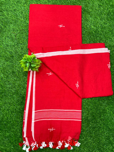 Pure Cotton Jamdani Saree with Running Blouse - Red Color
