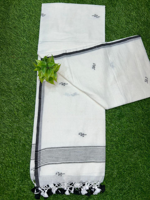 Pure Cotton Jamdani Saree with Running Blouse - White Color