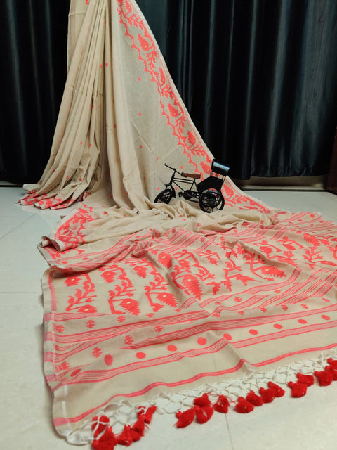 Cotton MulMul Jamdani Saree with Running Blouse - Beige Color
