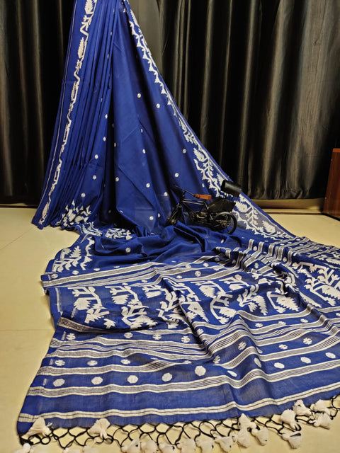 Cotton MulMul Jamdani Saree with Running Blouse - Royal Blue Color