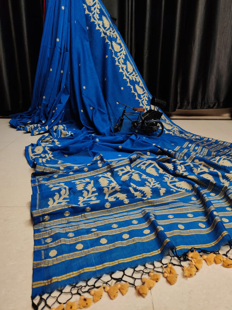 Cotton MulMul Jamdani Saree with Running Blouse - Navy Blue Color