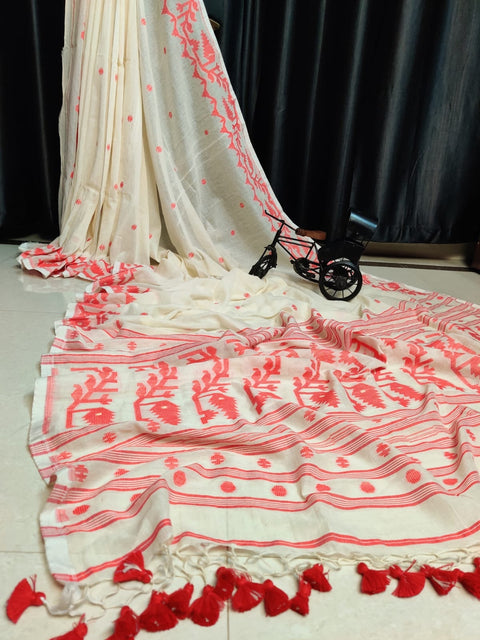 Cotton MulMul Jamdani Saree with Running Blouse - Cream Color