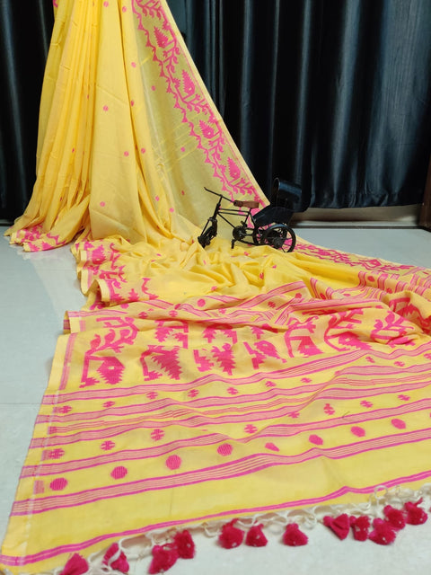 Cotton MulMul Jamdani Saree with Running Blouse - Yellow Color