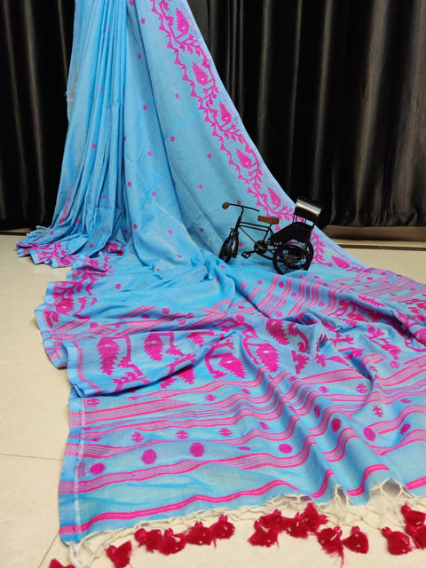 Cotton MulMul Jamdani Saree with Running Blouse - Blue Color