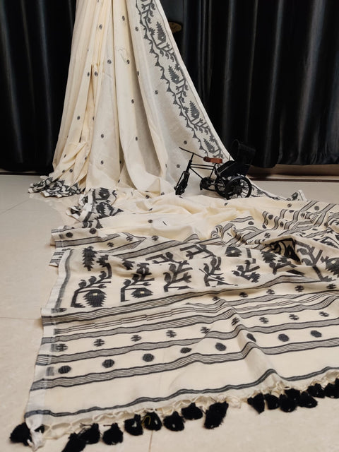 Cotton MulMul Jamdani Saree with Running Blouse - White Color