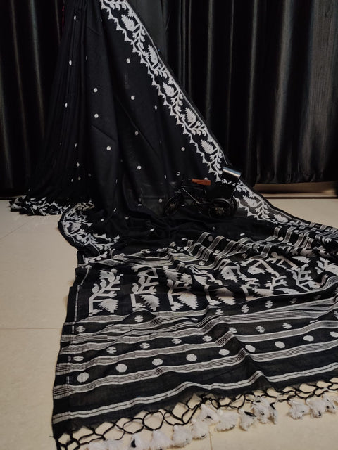 Cotton MulMul Jamdani Saree with Running Blouse - Black Color