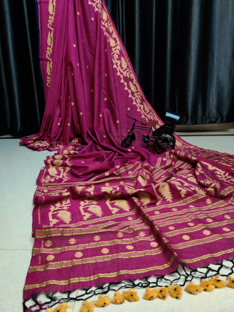Cotton MulMul Jamdani Saree with Running Blouse - Rani Pink Color