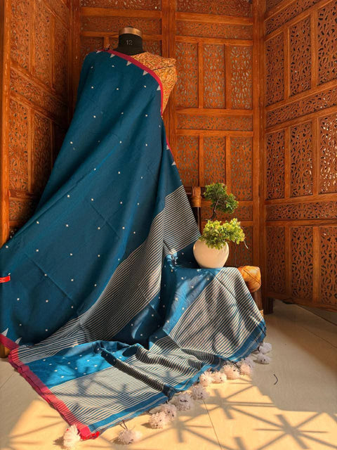 MulMul Jamdani Cotton Saree with Running Blouse - Sea Blue Colour
