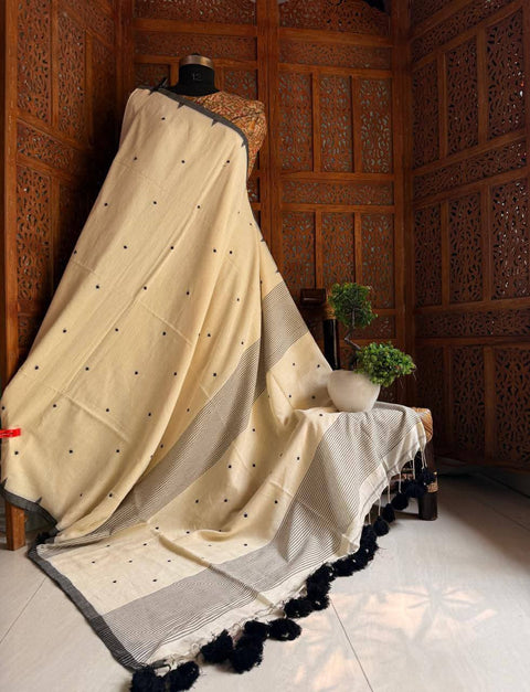 MulMul Jamdani Cotton Saree with Running Blouse - Cream Colour