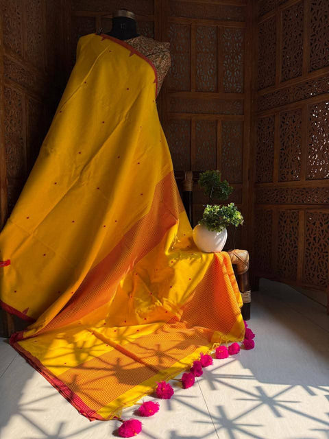 MulMul Jamdani Cotton Saree with Running Blouse - Yellow Colour