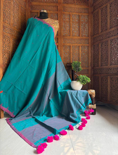 MulMul Jamdani Cotton Saree with Running Blouse - Sea Green Colour